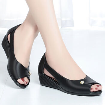 香港品牌dodower真皮鱼嘴凉鞋女坡跟软底中老年女士皮凉鞋妈妈鞋子