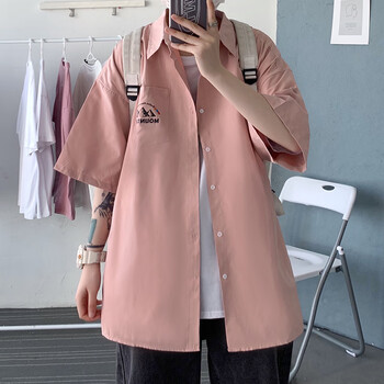 工装短袖衬衫男港风日系薄款衬衣夏季潮牌潮流衣服设计感外套粉红色s