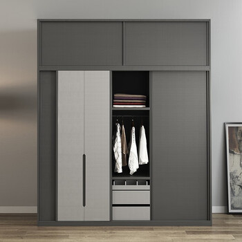 现代卧室移门大衣橱衣帽间带穿衣镜衣柜灰木纹色衣柜顶柜16米三门推拉