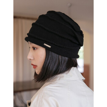 秋冬羊毛针织套头帽月子帽冬季保暖包头帽时尚休闲帽子女黑色m5658cm