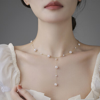 时尚年轻款巴洛克小米粒珍珠满天星项链长款轻奢小众锁骨颈链金色珍珠