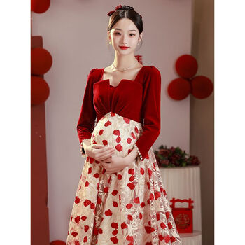 长袖丝绒高腰遮肚子结婚小晚礼服裙女秋季酒红色中长款高腰孕妇款xl