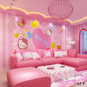 60墙纸卧室孩可爱 房壁纸粉色卡通公主凯蒂猫hellokitty自粘画 整张