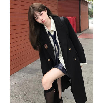 大衣大学生女生穿的黑色女中长款秋冬新款小个子学院风加厚jk黑色xl