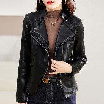 艾柏尼 皮衣女士春秋冬新品时尚修身显瘦皮衣女机车夹克加棉皮衣女短