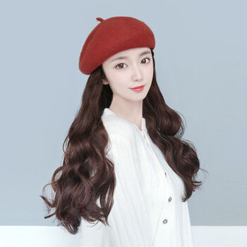 唐妮假发帽子一体毛呢贝雷帽网红复古长卷发秋冬时尚百搭带头发假发帽