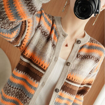 佰斯博开胸女式羊毛衫开衫针织毛衣开身外套开女短款条纹 橘黄色 m