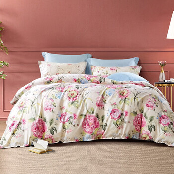 富安娜家纺 100%全棉四件套纯棉 印花床品套件 双人加大床单被套 芬芳