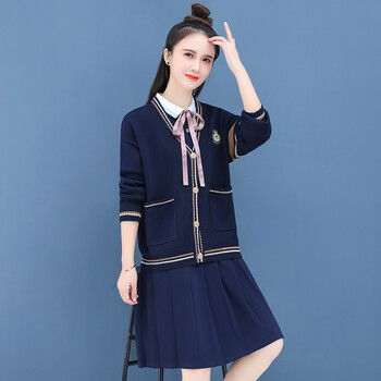 幼儿园老师工作服幼师园服春秋教师制服长袖百褶连衣裙英伦风礼仪服装