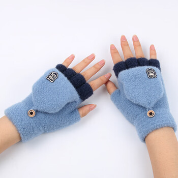 手套冬季半指翻盖中大童初中小学生写字男孩女孩五指保暖冬天微标蓝色