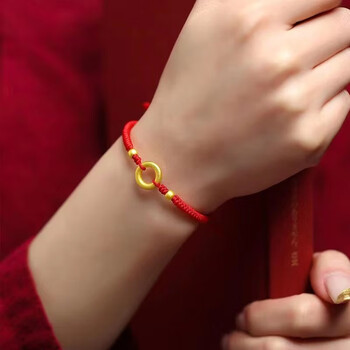 周大福999手链女平安扣素圈金珠转运珠男情侣款红红绳平安扣两金珠