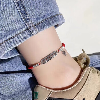 五帝币铜钱脚链女925银手工编织红绳复古风手链2022年新款 脚链 黑绳