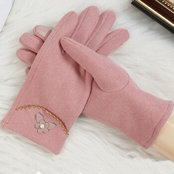 屏手套女士加绒秋冬季开车学生保暖户外骑行曼迪尚粉色花朵款加绒均码