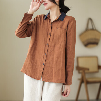 nsup文艺复古拼色砂洗亚麻衬衫女春气质显瘦衬衣休闲棉麻长袖上衣橘色