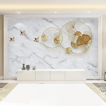 银杏叶大理石轻奢墙布壁画18d超浮雕水晶布豪宅超浮雕墙纸专用胶水