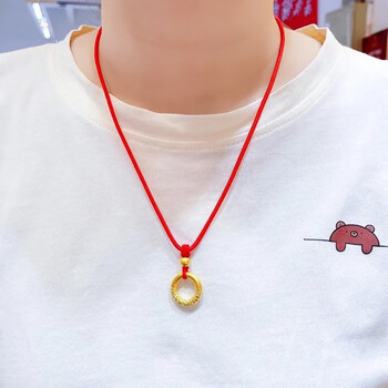 黄金金箍圈平安扣 金珠 红绳项