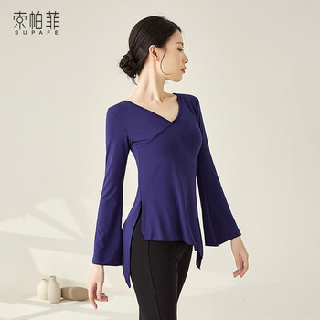 上衣女形体训练服装中国民族古典舞衣服跳舞现代春深蓝长袖单件上衣m
