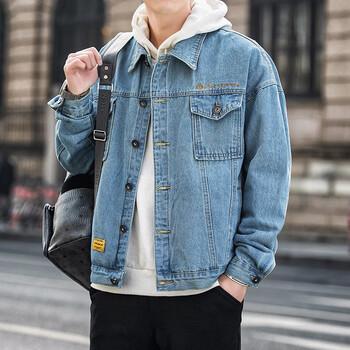 dingfengbaoluo复古牛仔外套男春秋季潮流宽松休闲夹克青年蓝色翻领