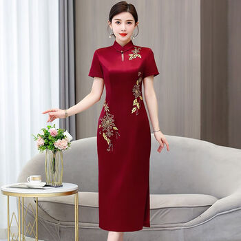 gogdronc衣服女装4050岁醋酸缎刺绣旗袍裙喜婚宴礼服喜婆婆连衣红色