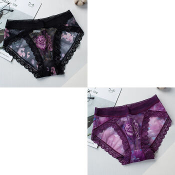 内裤女性感网纱透明刺绣蕾丝纯裆 黑 紫 m 80
