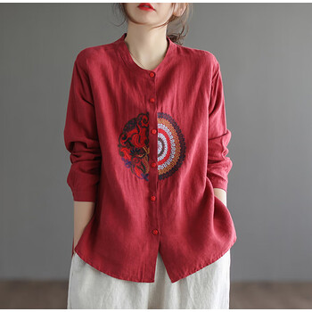 栋繁麻布衣服女文艺民族风棉麻刺绣衬衫女士222春秋装宽松长袖圆领
