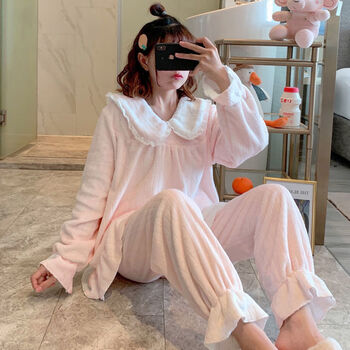 禾佳成冬天睡衣女加绒加厚女生毛毛绒高中生家居服法兰绒冬季加厚加绒