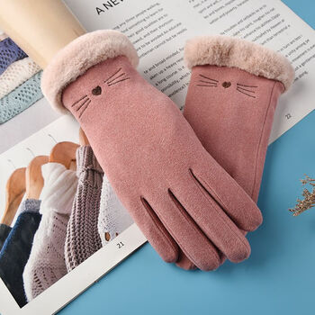 电动东手套保暖女触屏 德绒手套女冬加绒加厚骑车分指手套可爱毛口触