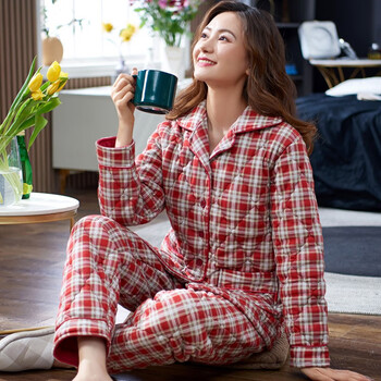 圆人睡衣女秋冬纯棉夹棉服加厚全棉冬天加棉女士可外穿家居服套装 y
