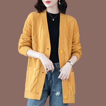 秋冬开身开胸毛衣外套女加厚羊毛套衫披肩v领针织开衫女中款中年宽松