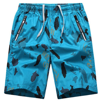 沙滩裤男宽松加肥加大码男士短裤夏季休闲五分裤外穿花大裤衩湖蓝559