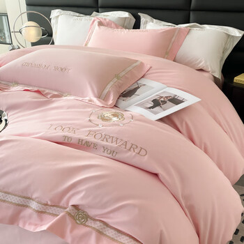 100全棉轻奢风刺绣被套肤裸睡床品豆粉色18床单款四件套被套200230