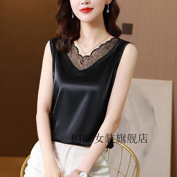吊带背心女夏季雪纺真丝缎面黑色内搭蕾丝拼接v领外穿打底衫黑色m建议