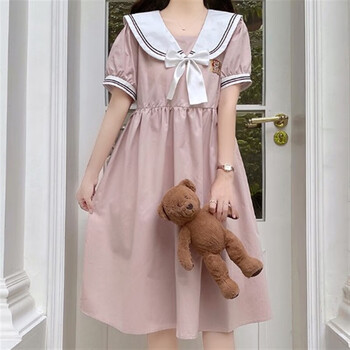 可爱海军领初中生夏装高中学生学院风宽松显瘦中长裙粉色xl140160斤