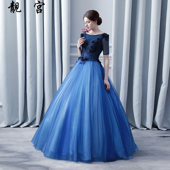 艺考生美声声乐舞台演出礼服晚蓬蓬裙独唱艺考长款一字肩服女瘦宝蓝色