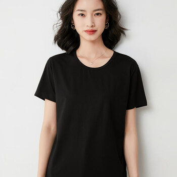 女式t恤短袖圆领经典休闲色运动大号码舒适宽松夏季上衣黑色m85100