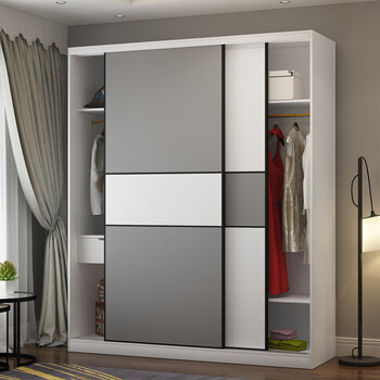 推拉门衣柜卧室移门滑门大衣橱板式衣帽间 1600*600*2400象牙白套灰 2