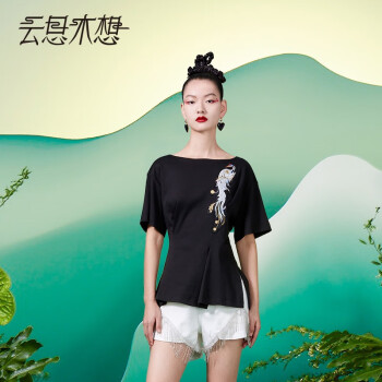 云思木想摩登中国风2022夏季新款套头T恤时尚刺绣纯棉短袖女19420 黑色 XL