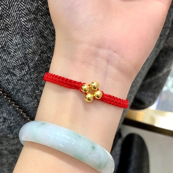 胤乃珠宝黄金戒指999足金转运珠四叶草红绳编织戒指小金珠黑绳食指指