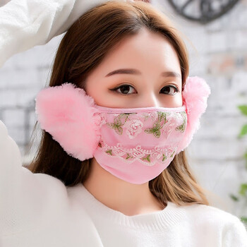 二合一护耳保暖口罩男女秋冬加厚防尘防雾霾防寒透气儿童口罩面罩粉色