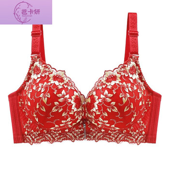 芭卡妍刺绣文胸软钢圈聚拢调整型女士大胸大码薄款胸罩性感红色ab通杯