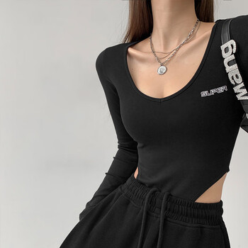 连裆长袖t恤高叉弹力连体衣女欧美风辣妹穿搭字母印花显瘦上衣潮黑色s