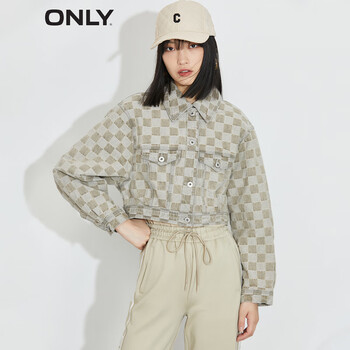 only2022春季新款短款棋盘格潮流休闲牛仔夹克外套女122154017a09卡其