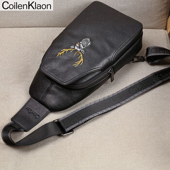 ck男士胸包斜挎包真皮头层牛皮单肩包休闲胸前包小背包 黑色