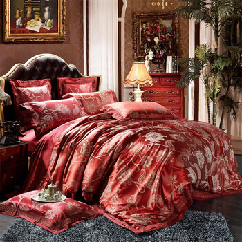 京噶欧式高端桑蚕丝床上用品新婚提花六件套红色结婚庆陪嫁真丝四件套