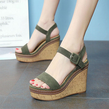 贤语坡跟凉鞋女夏防水台欧美新款厚底绒面小码时尚一字高跟鞋绿色37