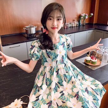 哈熙牛女童连衣裙公主裙夏装韩版花朵连衣裙童装女10岁大童女装2022