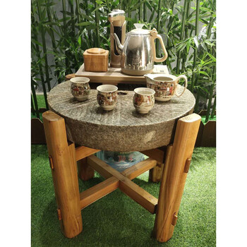 石磨老式茶台家用老石磨盘茶桌流水旧石磨木架复古中式庭院石磨桌