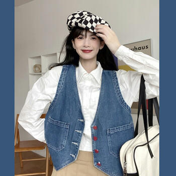 牛仔马甲女装设计感小众背心春秋外搭叠穿外套坎肩开衫上衣服蓝色s