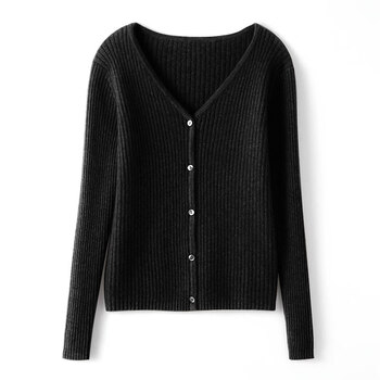 产这件开衫谁穿谁温柔领羊绒开衫女纯羊绒毛衣针织外套短款外搭黑色l