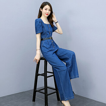 连体裤套装女方领泡泡袖夏季高腰显瘦阔腿裤连衣裤潮牛仔色连体裤s